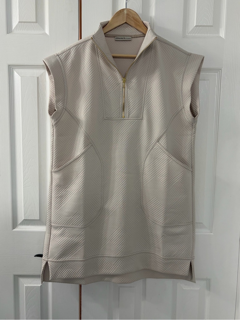 Zenana Sleeveless Quilted Zip-Neck Dress in Light Beige